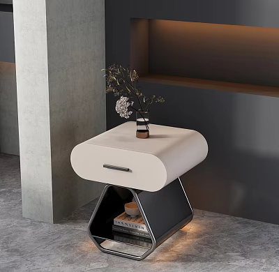 Modern White Black Bedside Table With Drawer Vase Plants And Shelf Books 3d model