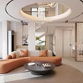 Modern Living Dining Room Interior With Orange Sofa Round Coffee Table Circular Chandelier And Staircase