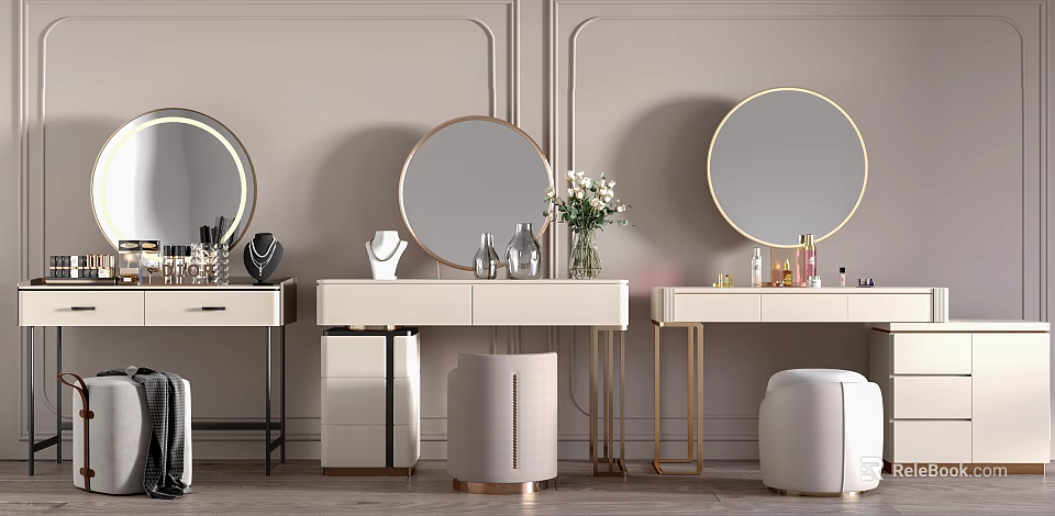 Elegant White Dressing Table With Round Gold Frame Mirrors Drawers Stools And Cosmetics 3d model