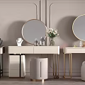 Elegant White Dressing Table With Round Gold Frame Mirrors Drawers Stools And Cosmetics 3d model