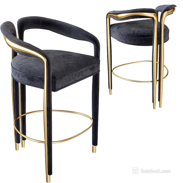 Elegant Modern Bar Stools With Gold Metal Frame And Dark Velvet Armrests 3d model 
