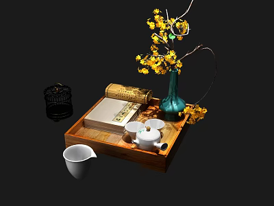 Traditional Chinese Tea Set with Wooden Tray Teapot Teacup Scroll and Blue Vase 3d model