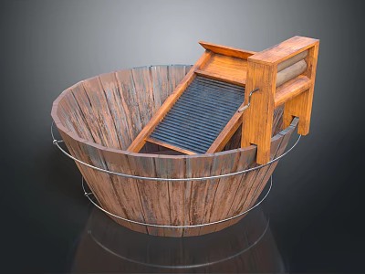 Rustic Wooden Bucket Shaped Wash Basin With Metal Hoops And Side Shelf 3d model