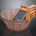 Rustic Wooden Bucket Shaped Wash Basin With Metal Hoops And Side Shelf