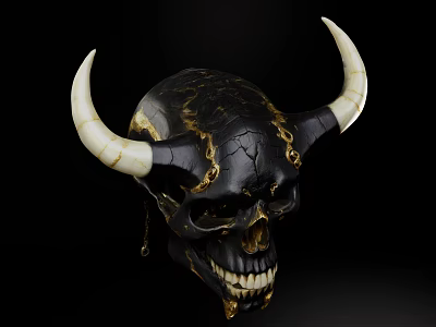 Black Skull Decorative Ornament Set With White Horns And Golden Cracks 3d model