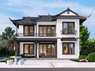 Traditional Chinese Style Two Story Detached Villa With Overhanging Eaves White Walls And Courtyard Greenery 3d model