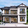 Traditional Chinese Style Two Story Detached Villa With Overhanging Eaves White Walls And Courtyard Greenery