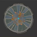 Futuristic Landscape Featuring Circular Platform With Blue Green Panels And Reflective Surface