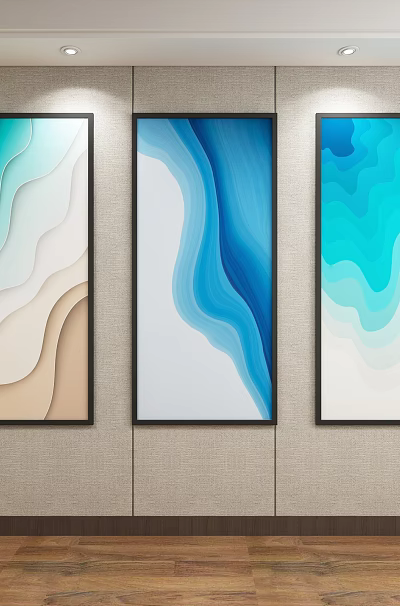 Abstract Paintings With Blue Light Blue Beige White Wavy Patterns Hanging On Gray Wall 3d model