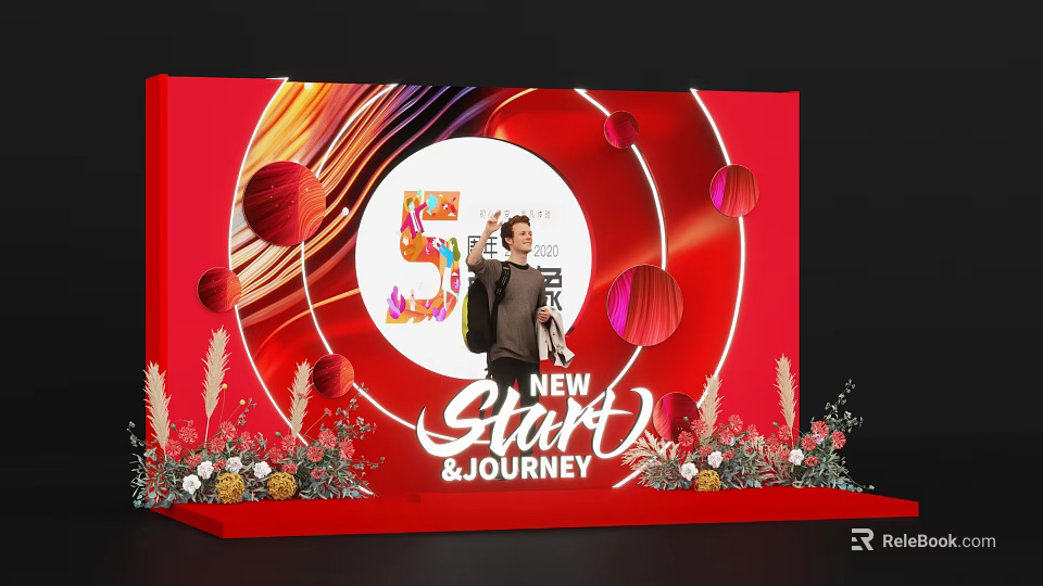5th Anniversary Photo Check-in Spot With Red Background Circular Decorations And Floral Arrangements 3d model 