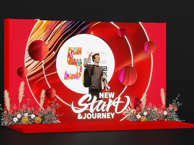 5th Anniversary Photo Check-in Spot With Red Background Circular Decorations And Floral Arrangements 3d model