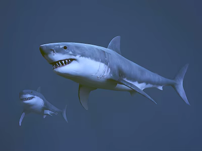 Two Great White Sharks Swimming In Deep Blue Ocean Water 3d model
