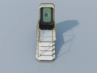 Sleek Modern Hinged Door Structure With White Platform Golden Railings And Stairs 3d model