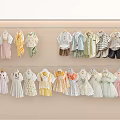 Cute Baby Clothes In Pastel Colors Hanging On Double Racks With Various Styles