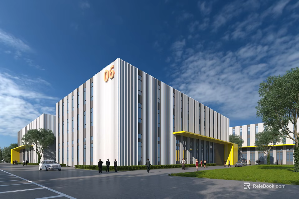 Modern Industrial Factory Exterior With Yellow Accents Landscaped Area Parking Lot People And Cars Around 3d model 