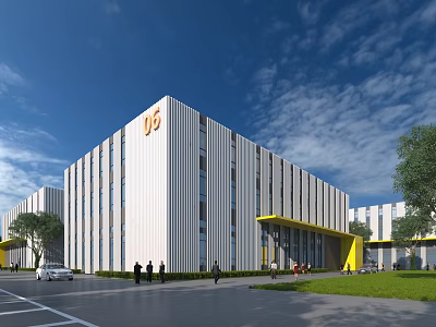 Modern Industrial Factory Exterior With Yellow Accents Landscaped Area Parking Lot People And Cars Around 3d model