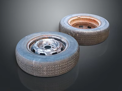 Two Old Car Tires with Rusty Rims and Visible Tread Patterns 3d model