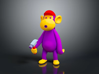 Purple Monkey Game Character With Red Hat Yellow Face Hands And Hammer 3d model