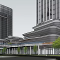 Modern Commercial Complex With Glass Curtain Walls High-Rise Buildings And Pedestrian Plaza 3d model