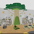 Cheerful Kindergarten Classroom With Bookshelves Decorative Tree Colorful Seats And Toys