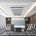 Modern Conference Room Interior Design With Large Table White Chairs Wooden Panels And Lighting