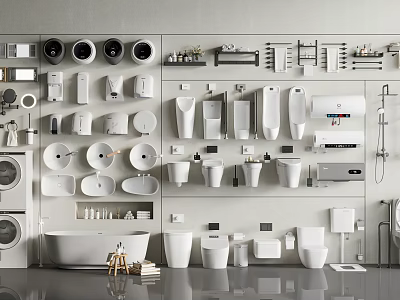 Complete Modern Bathroom Fixtures With Bathtub Toilet Sinks Faucets Shower Fixtures Shelves And Mirrors 3d model