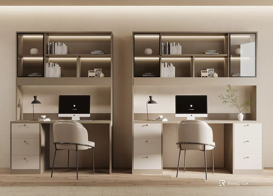 Modern Dual Work Desks with Upper Bookshelves Computer Monitors and Office Chairs 3d model 