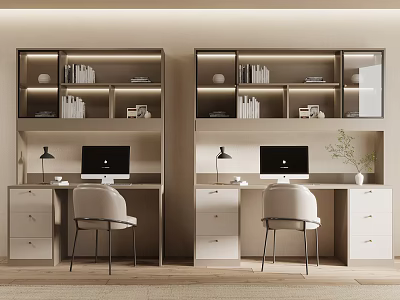 Modern Dual Work Desks with Upper Bookshelves Computer Monitors and Office Chairs 3d model