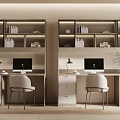 Modern Dual Work Desks with Upper Bookshelves Computer Monitors and Office Chairs