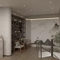 Chinese Style Wooden Two-Seater Sofa With Tea Table Calligraphy Painting And Potted Plant