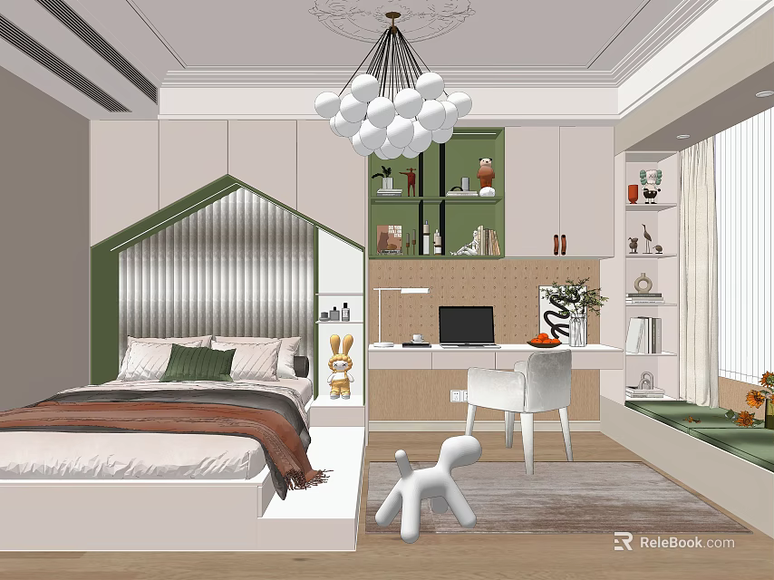 Tatami Bedroom Interior With Green White Bed Frame Wooden Floor And Cloud Pendant Light 3d model 