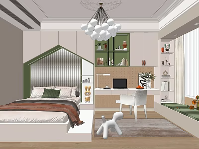 Tatami Bedroom Interior With Green White Bed Frame Wooden Floor And Cloud Pendant Light 3d model
