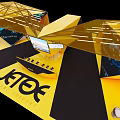 JTEKT Exhibition Booth Featuring Golden Yellow Structure Tables Chairs and Screens