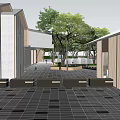 Modern Sales Office Building With Outdoor Seating Green Lawn And Trees