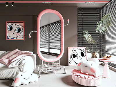 White Kids Bed with Pink Mirror Rabbit Plush Toys and Green Plant in Playful Bedroom 3d model
