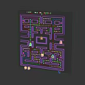 Cartoon Scene Pac Man Maze On Transparent Panel With Colorful Characters Dots Dark Background Reflection