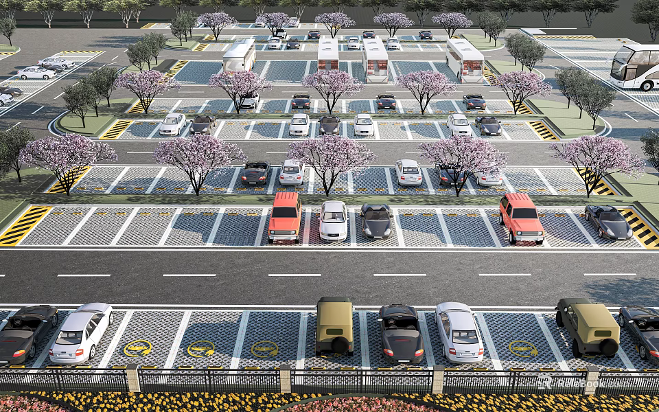 Eco Friendly Parking Lot With Trees And Parked Cars In Green Sustainable Design 3d model 