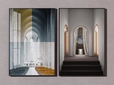 Modern Interior Landscape Paintings Featuring Arched Doorways Steps And Soft Light Effects 3d model