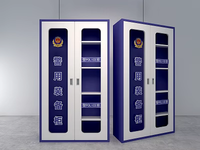 Police Equipment Cabinets With Blue And White Design Glass Doors And Shelves 3d model
