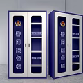 Police Equipment Cabinets With Blue And White Design Glass Doors And Shelves