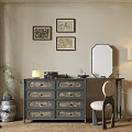 Stylish Gray Vanity With Drawers Mirror Chair Table Lamp And Decorative Paintings