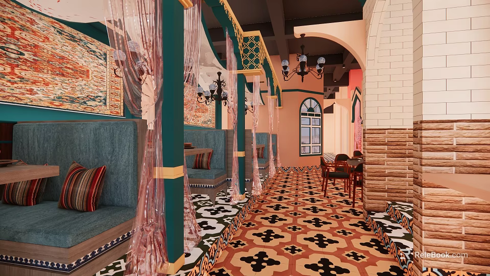 Decorative Modern Restaurant Interior With Green Pillars Pink Curtains And Colorful Patterned Floor Tiles 3d model 