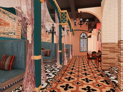 Decorative Modern Restaurant Interior With Green Pillars Pink Curtains And Colorful Patterned Floor Tiles 3d model