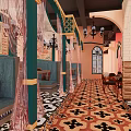 Decorative Modern Restaurant Interior With Green Pillars Pink Curtains And Colorful Patterned Floor Tiles