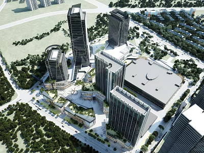 Modern Urban Commercial Street Featuring High Rise Buildings And Green Pedestrian Areas 3d model
