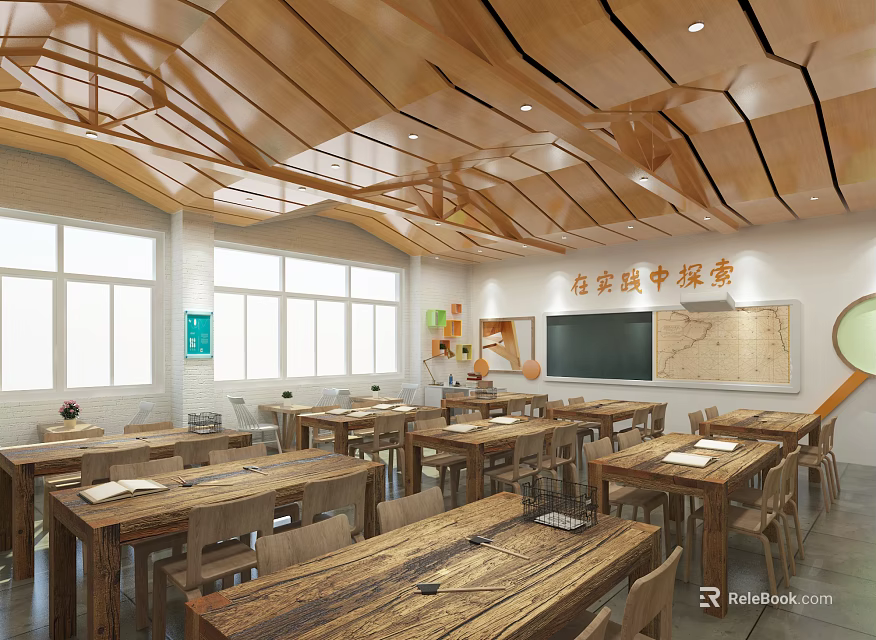 School Theme Exploration Classroom Featuring Wooden Desks Wall Maps And Large Windows 3d model 