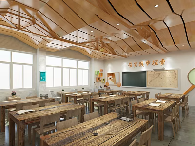 School Theme Exploration Classroom Featuring Wooden Desks Wall Maps And Large Windows 3d model