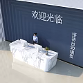 3D Model Reception Desk With Marble Countertop Blue Backdrop Wall And Welcome Sign