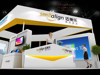 Modern Smilalign Exhibition Booth With Reception Desk Green Plants And Large Screen 3d model