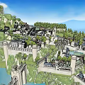 Hand Drawn Medieval Castle Town Landscape With Towers Walls And Trees